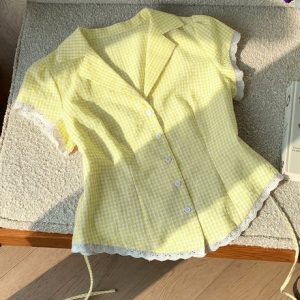 Casual Gingham Striped Button Up Shirt in Butter Yellow
