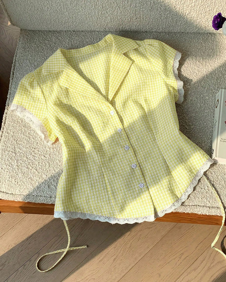 Casual Gingham Striped Button Up Shirt in Butter Yellow