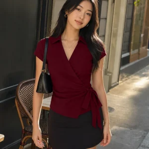 Collared Wrap Tie Top in Burgundy