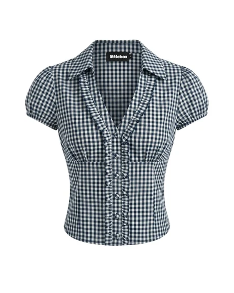 Striped Collared Button Down Fitted Puff Sleeve Top in Pageant Blue and Classic White - Image 2