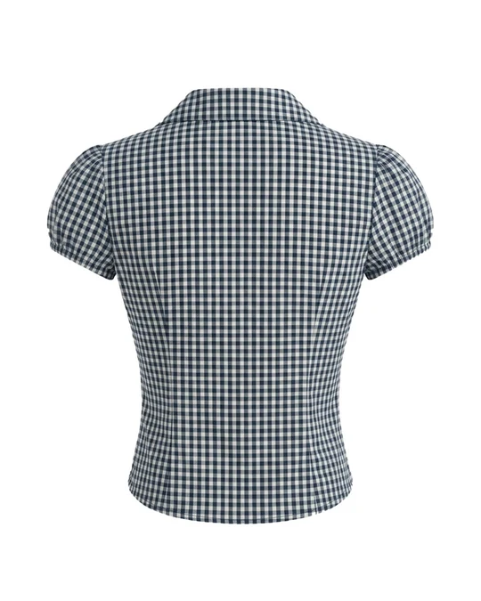 Striped Collared Button Down Fitted Puff Sleeve Top in Pageant Blue and Classic White - Image 3