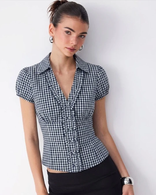Striped Collared Button Down Fitted Puff Sleeve Top in Pageant Blue and Classic White