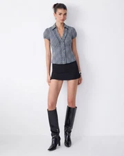 Striped Collared Button Down Fitted Puff Sleeve Top in Pageant Blue and Classic White - Image 4