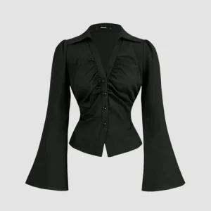 Black Ruched Front Flared Sleeve Shirt Top
