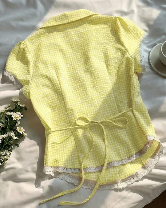 Casual Gingham Striped Button Up Shirt in Butter Yellow - Image 3