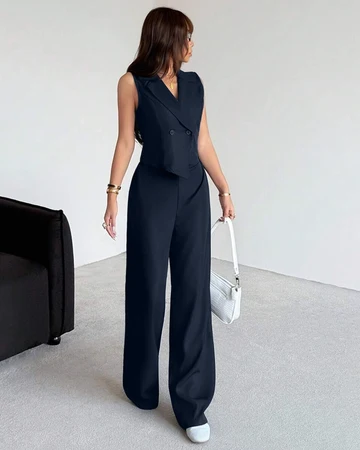 Collared V-Neck Sleeveless Vest Top And Wide Leg Pants Set in Navy Blue - Image 2