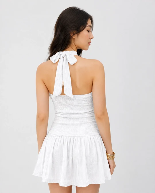 Twist Waist Halter Neck Mini Formal Wear Dress in Classic White - Image 2