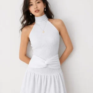 Twist Waist Halter Neck Mini Formal Wear Dress in Classic White