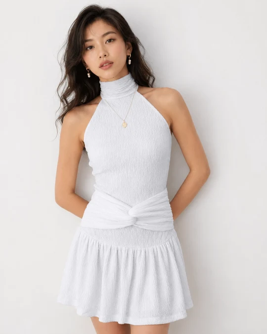 Twist Waist Halter Neck Mini Formal Wear Dress in Classic White