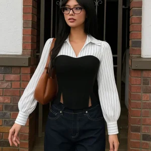 Formal Collared V Neck Long Sleeve Shirt in Black and White