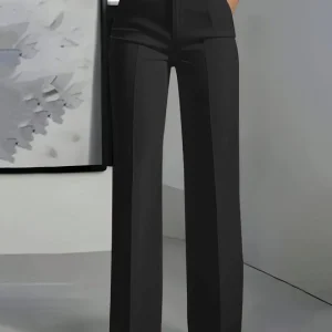 High-Waist Straight Loose Solid Color Button with Pocket Pants in Black