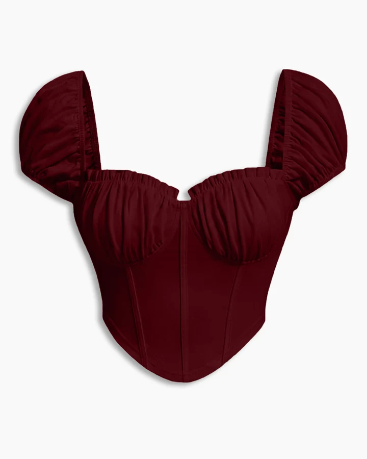 Puff Sleeve Sweetheart Neck Ruched Corset Top in Merlot - Image 2