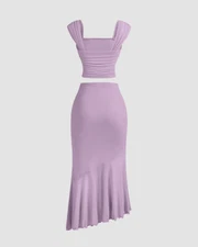 Ruched Crop Top & Asymmetric Hem Skirt Set in Lilac - Image 3