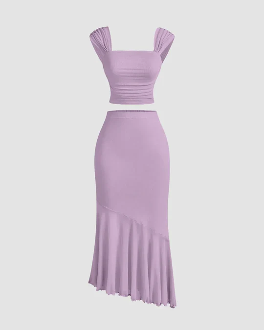 Ruched Crop Top & Asymmetric Hem Skirt Set in Lilac - Image 2