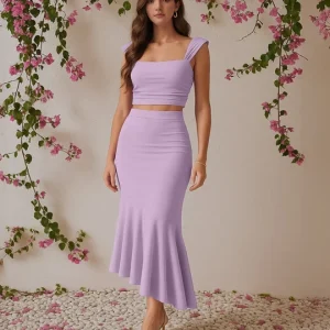 Ruched Crop Top & Asymmetric Hem Skirt Set in Lilac