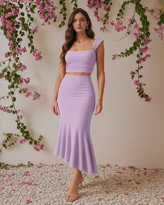 Ruched Crop Top & Asymmetric Hem Skirt Set in Lilac