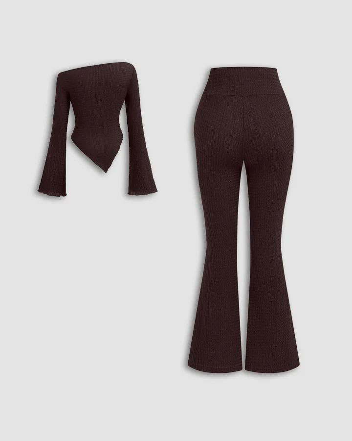 Ruched Full Sleeve Fitted Knit Top and Flare Pants Two Piece Set in Brown - Image 2