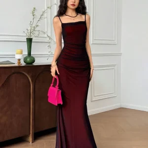 Sheer Fishtail Hem Fitted Bodycon Maxi Dress in Black And Red