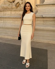 Sleeveless Crop Tank Top & Ruched Maxi Skirt In Off White