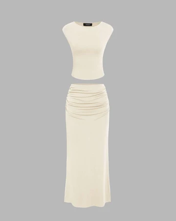 Sleeveless Crop Tank Top & Ruched Maxi Skirt In Off White - Image 2