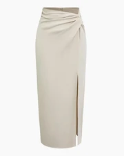 Slim Fit Straight Hem Solid Midi Skirt in Beige