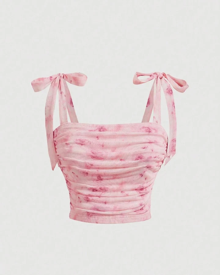 Square Neck Floral Tie Strap Sleeveless Crop Top in Pink - Image 2