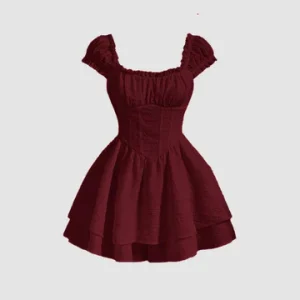 Square Neck Textured Waist-Cinching Maroon Dress