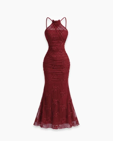 Halter Neck Ruched Mermaid Maxi Dress in Deep Maroon - Image 2